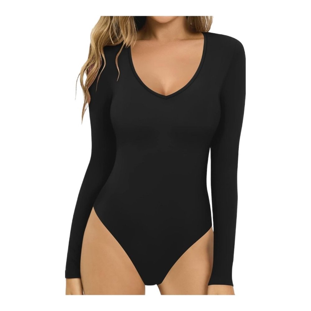 Algalaround Women’s XX-Large Bodysuit Black Long Sleeve Slim Fit V-Neck